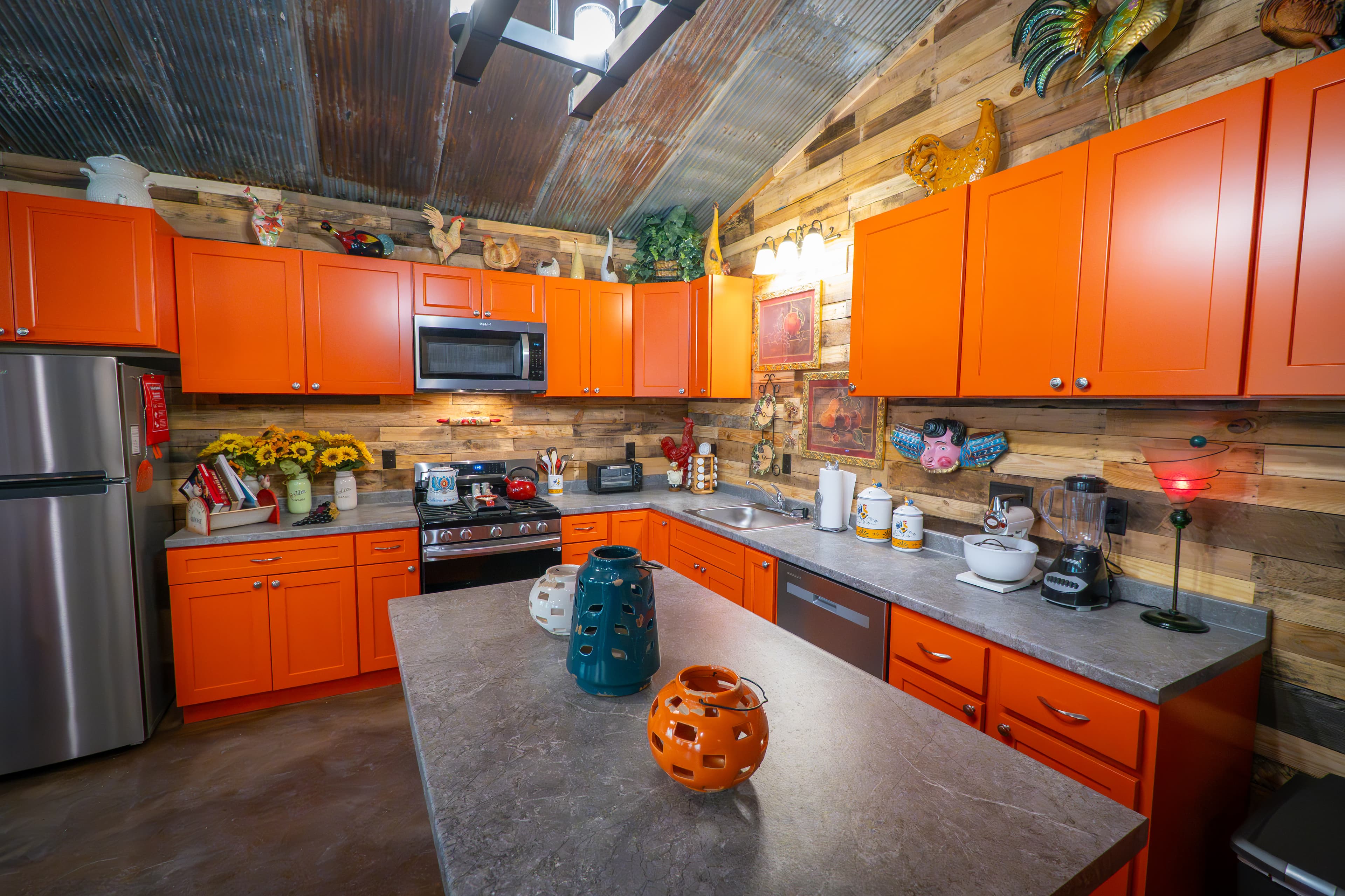 The "Roost" has full service guest kitchen in the barn connected to your guest grain bin