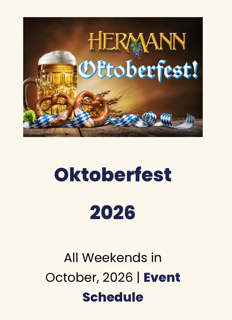 Promotional image for Hermann's Oktoberfest 2026, featuring a beer mug and pretzels with event details.