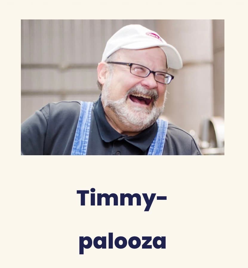 A smiling man wearing glasses and a baseball cap is pictured, with the text "Timmy-palooza" below.