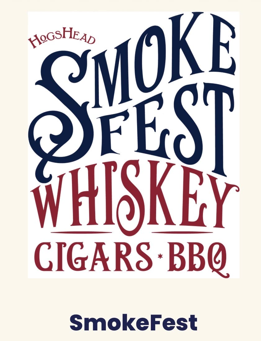 Logo for SmokeFest featuring the text in various fonts, emphasizing whiskey, cigars, and BBQ.