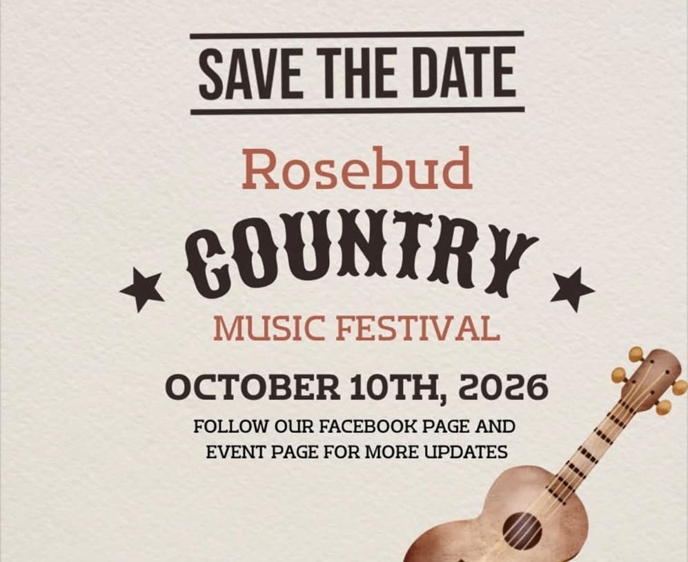 Poster announcing the Rosebud Country Music Festival on October 10th, 2026, with a guitar graphic.