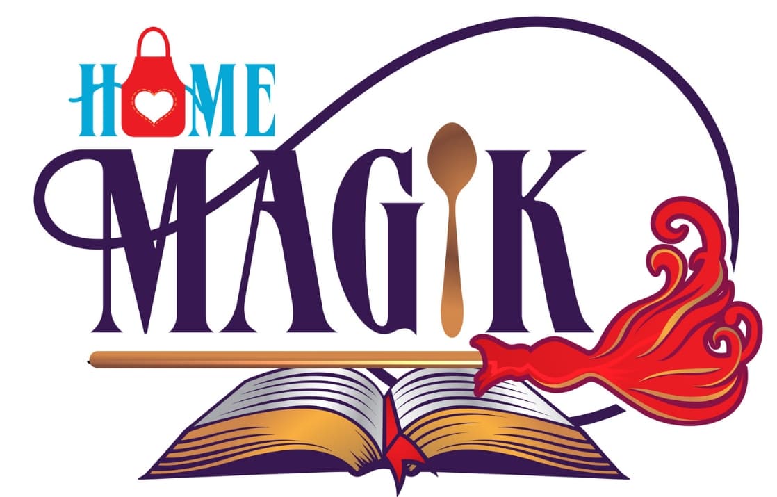 A colorful logo featuring the words "Home Magik" with a heart-shaped lock, a spoon, and an open book.