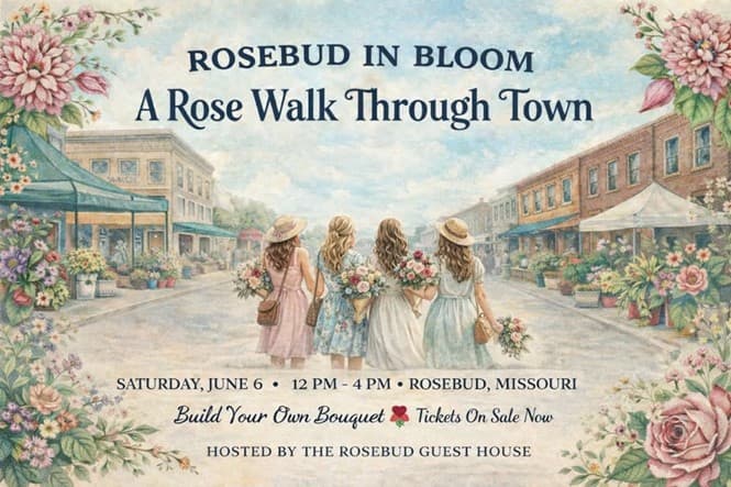 Illustration promoting the "Rosebud in Bloom" event featuring four women walking through a flower-adorned town.