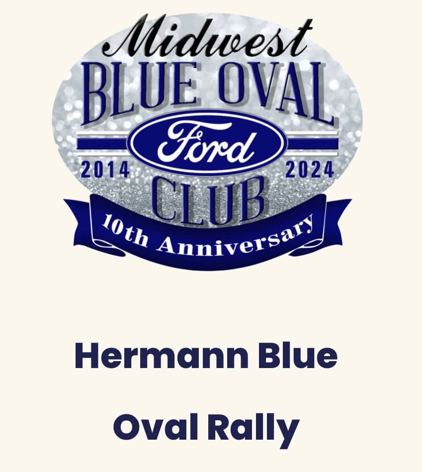Logo for the Midwest Blue Oval Ford Club commemorating their 10th anniversary and the Hermann Blue Oval Rally.