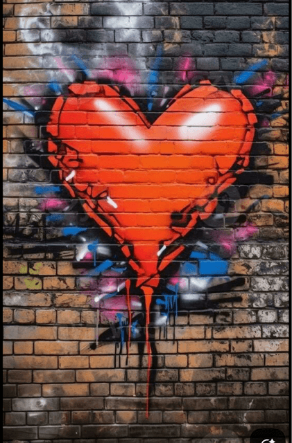 A vibrant red heart graffiti design against a textured brick wall.