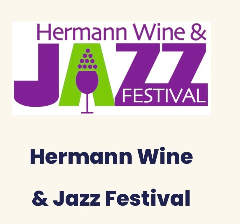 Logo for the Hermann Wine & Jazz Festival featuring a wine glass and musical elements.