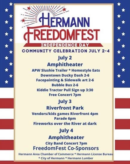 A schedule for Hermann FreedomFest, a community celebration featuring events from July 2-4, including concerts, a parade, and fireworks.