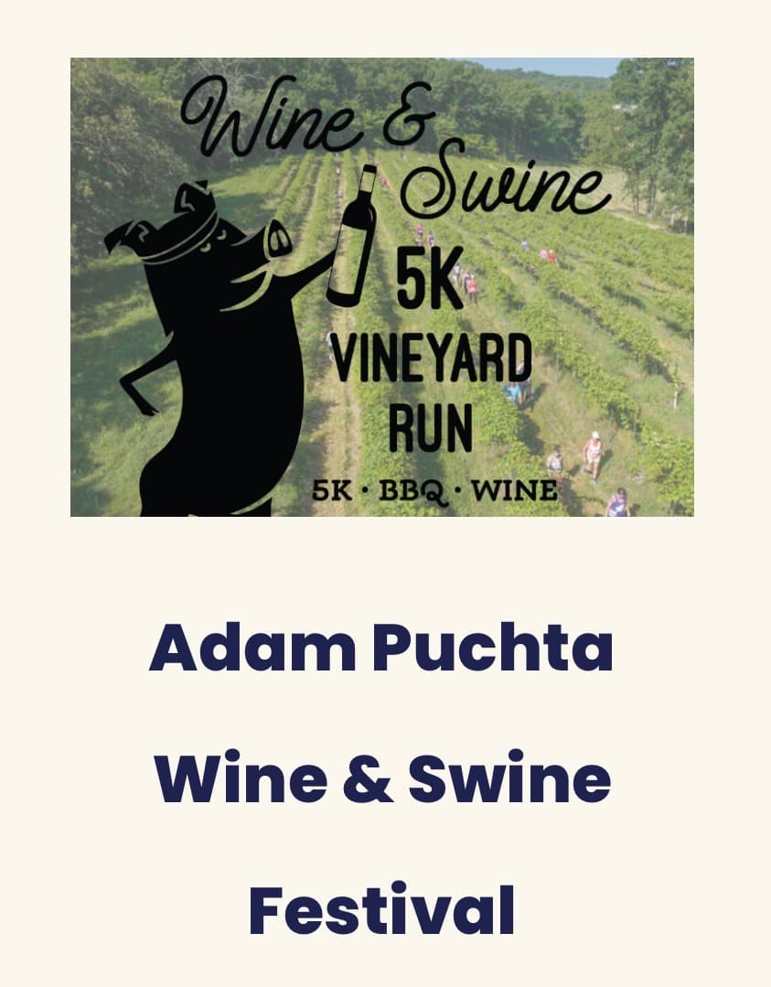 Logo for the Wine & Swine Festival featuring a pig and a bottle of wine, overlaid on a vineyard scene.